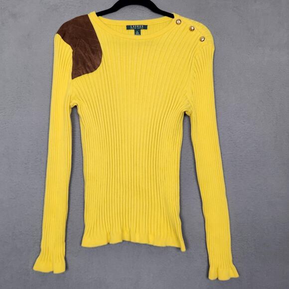 Lauren Ralph Lauren Sweater Womens XL Yellow Button Shoulder Faux Suede Patch - Picture 1 of 12